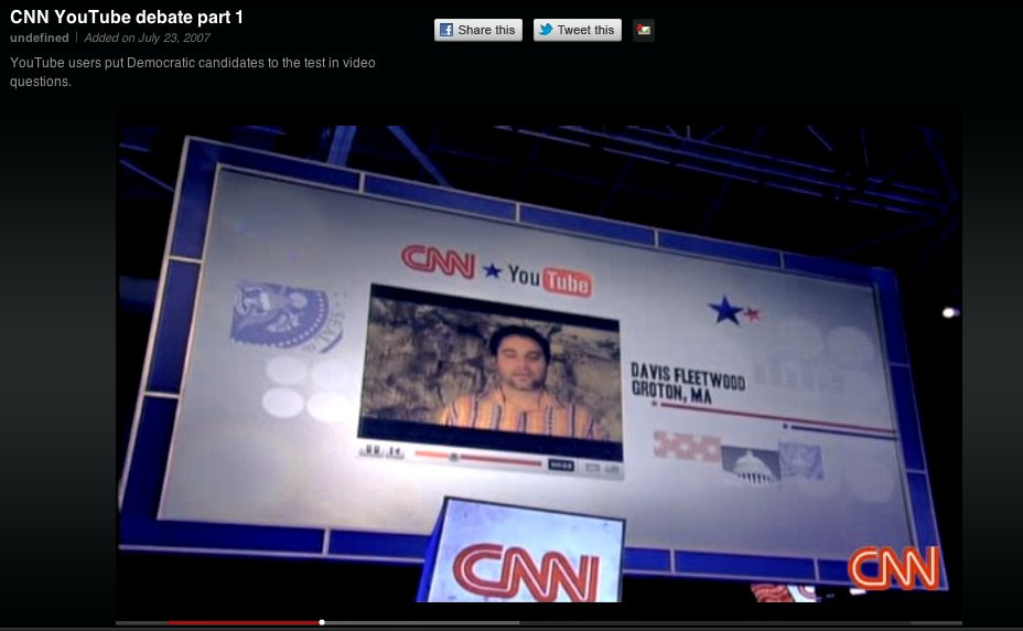Tháng 7 năm 2007: đội YouTube với CNN để lưu trữ các cuộc tranh luận tổng thống cho chu kỳ bầu cử năm 2008, có tính năng câu hỏi đoạn video do người dân nộp. Bảy trong số các ứng cử viên tổng thống 16 công bố chiến dịch của họ thông qua YouTube.