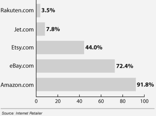 Gần 92% người dùng được Internet Retailer phỏng vấn đã mua hàng trên Amazon và khoảng 72% thực hiện giao dịch tại eBay.